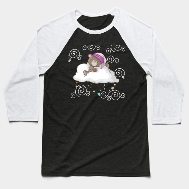 Cute Baby Teddy Bear Sleeping in Clouds Baseball T-Shirt by Printaha